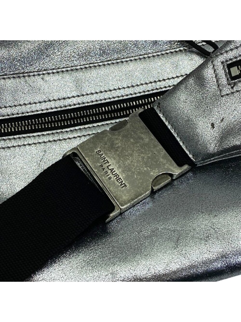 Saint Laurent Belt Bag Logo Leather Metallic Silver Paris Sophistication Luxury - Picture 9 of 10